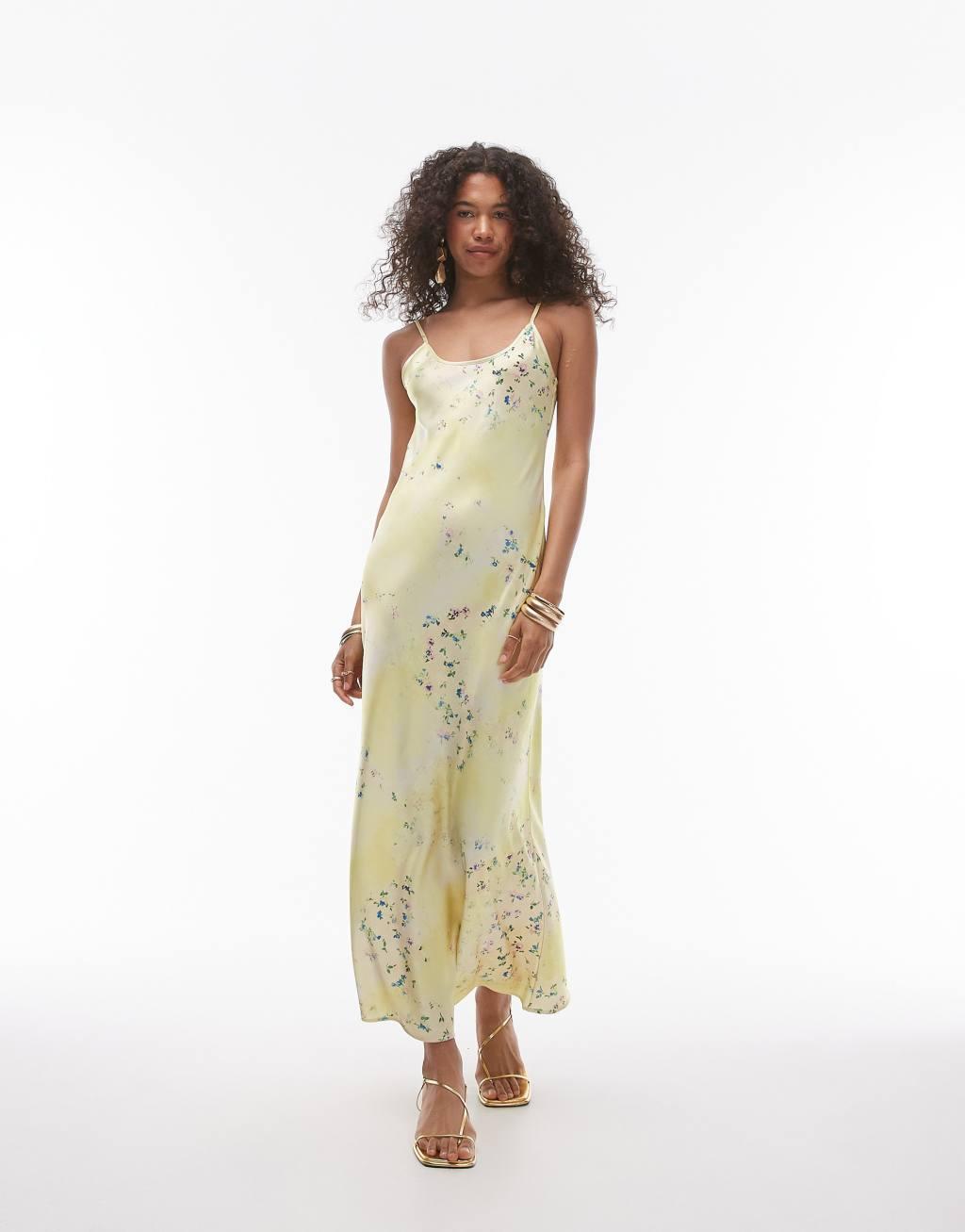 Topshop scoop maxi slip dress in mixed yellow floral print Product Image