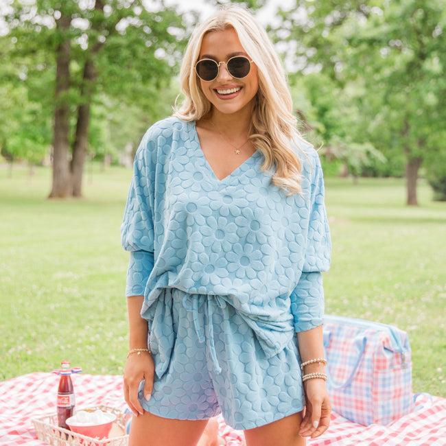 No Complaints Light Blue Floral Terry Cloth Top Product Image