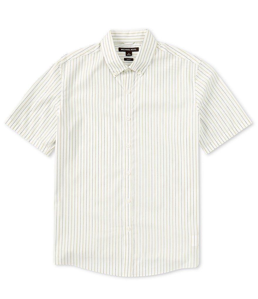 Michael Kors Slim Fit Stretch Grid Stripe Short Sleeve Woven Shirt Product Image