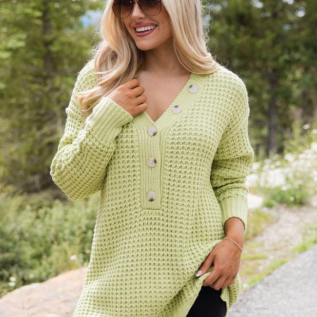 Just Keep Going Lime Henley Waffle Sweater Product Image