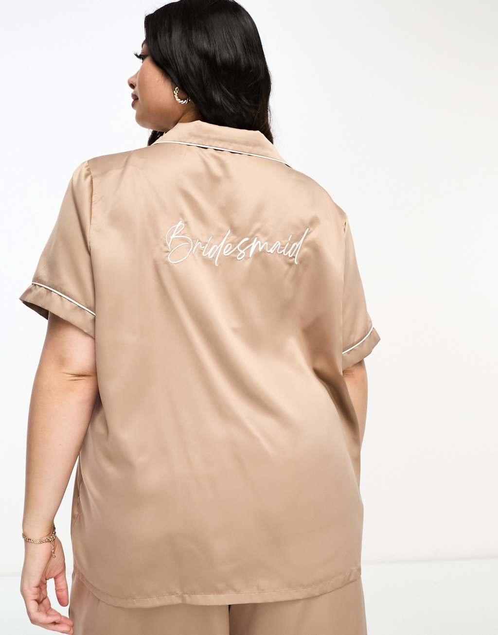 Loungeable Curve bridesmaid satin short sleeve camp collar shirt and pants in taupe Product Image