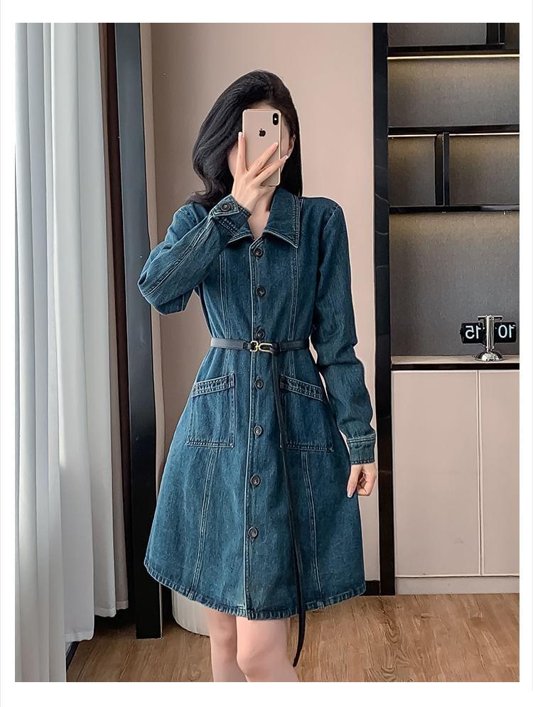 Long-Sleeve Denim A-Line Shirt Dress Product Image