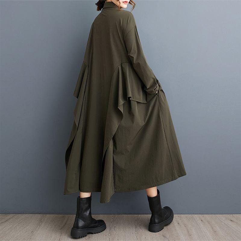 Long-Sleeve Plain Asymmetrical Midi A-Line Shirt Dress Product Image