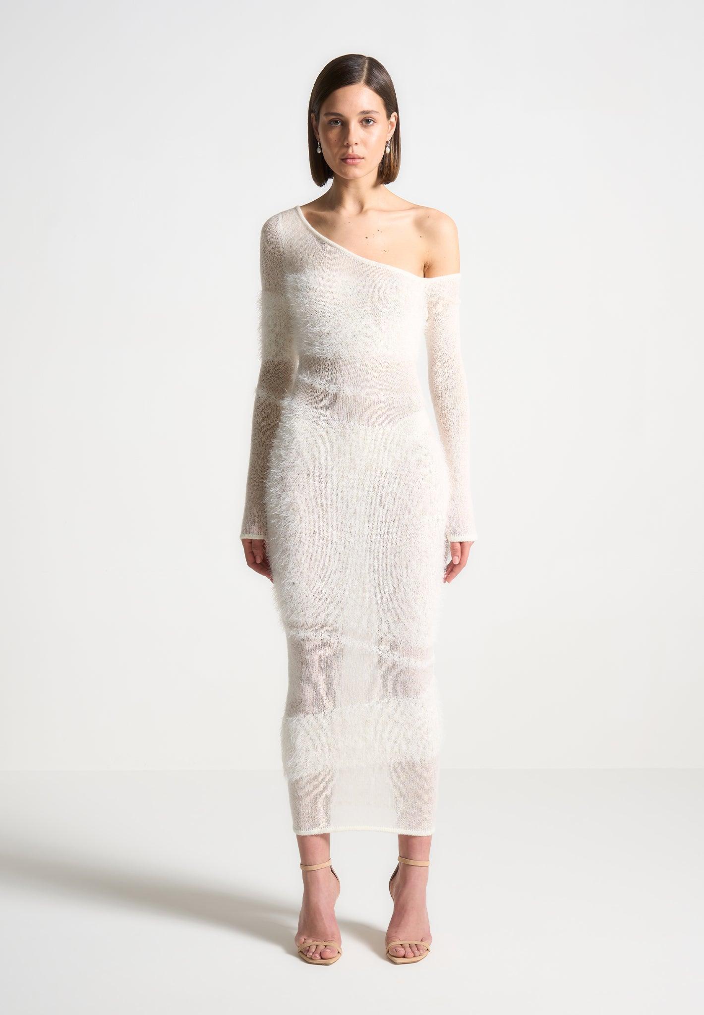 Off Shoulder Knitted Maxi Dress - Off White Female Product Image