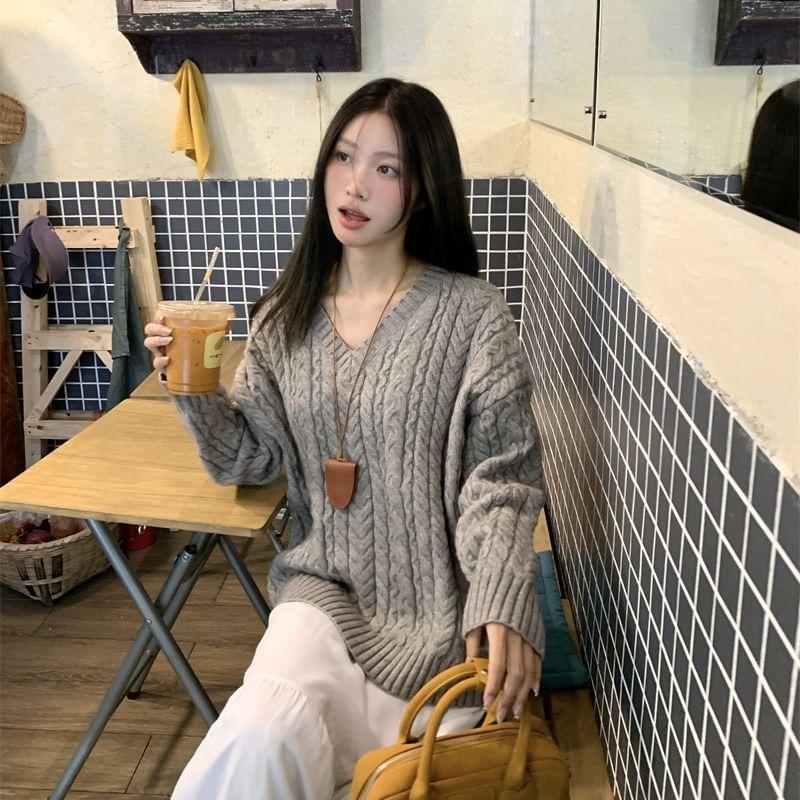 V-Neck Plain Cable Knit Sweater Product Image