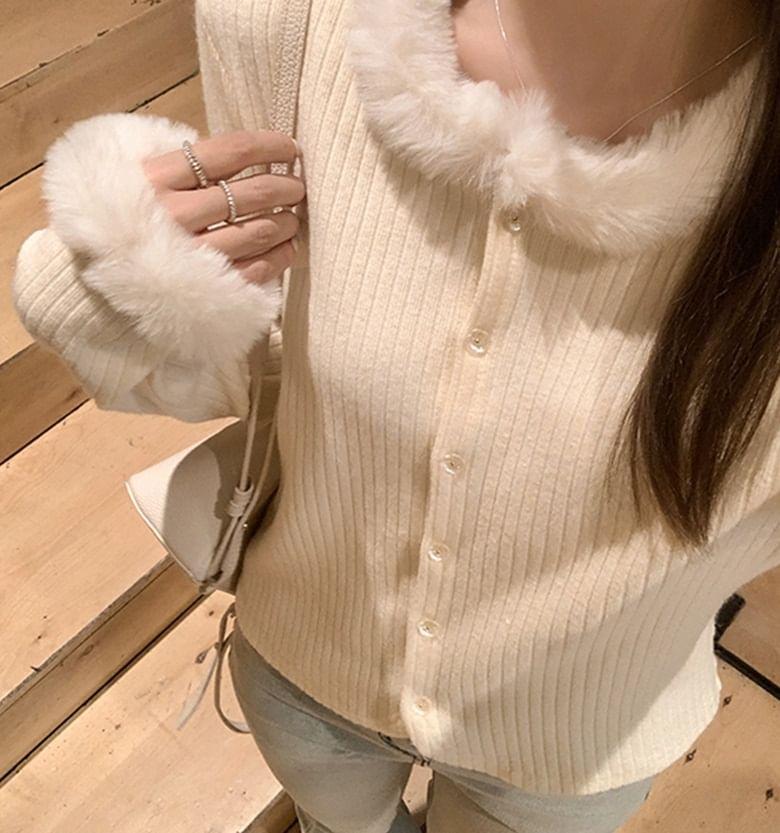 Plain Fluffy Trim Ribbed Cardigan Product Image