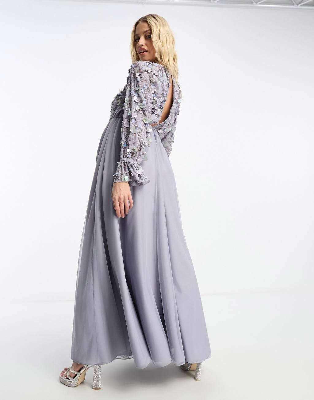 ASOS DESIGN Maternity embellished wrap front tulle skirt midaxi dress with floral detail in lilac Product Image