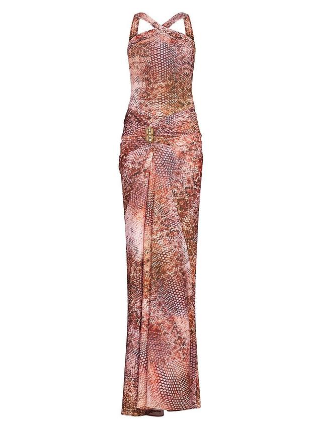 Womens Toyah Snake-Print Ruched Halterneck Maxi Dress Product Image