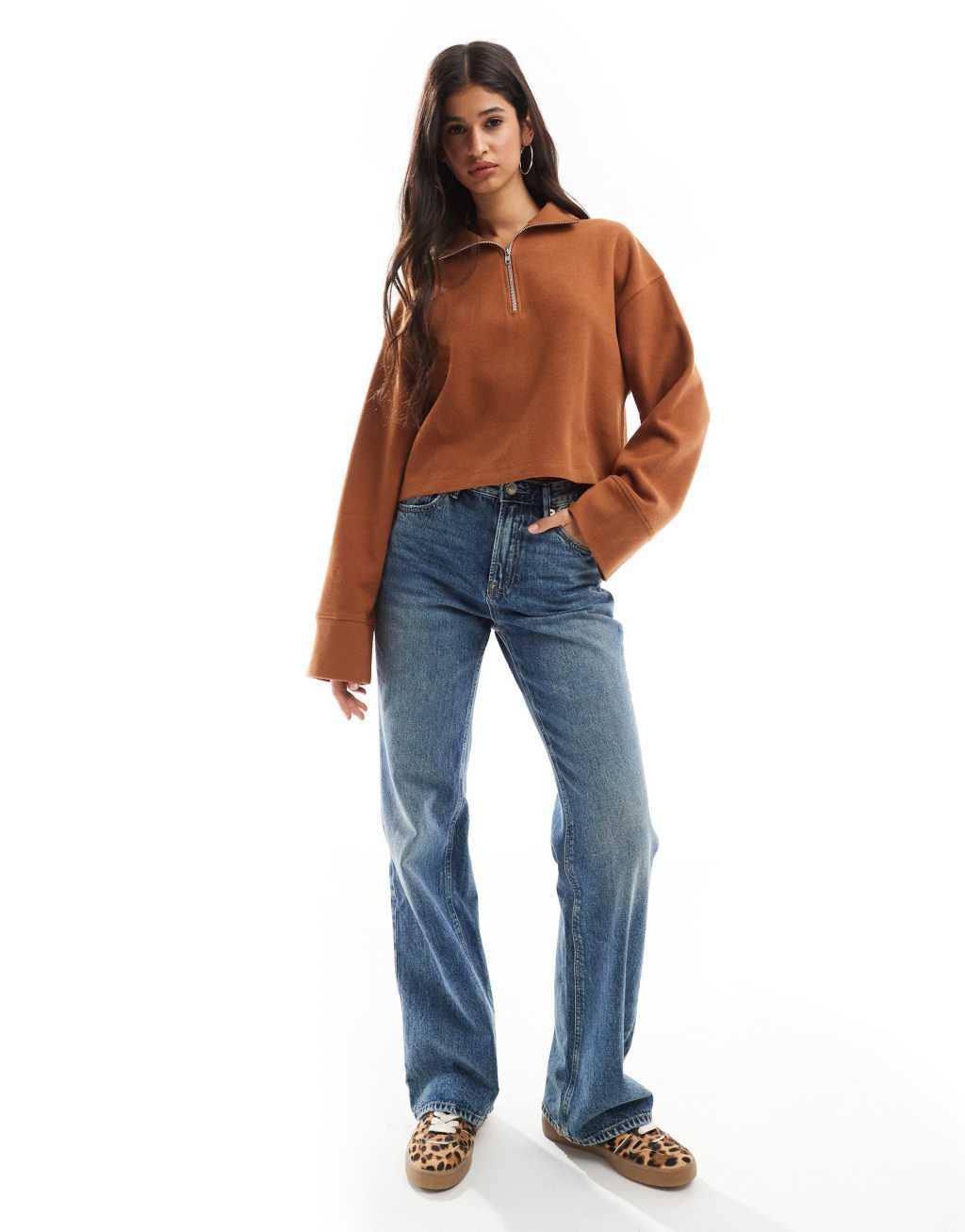 ASOS DESIGN supersoft long sleeve boxy crop half zip sweater in tan Product Image