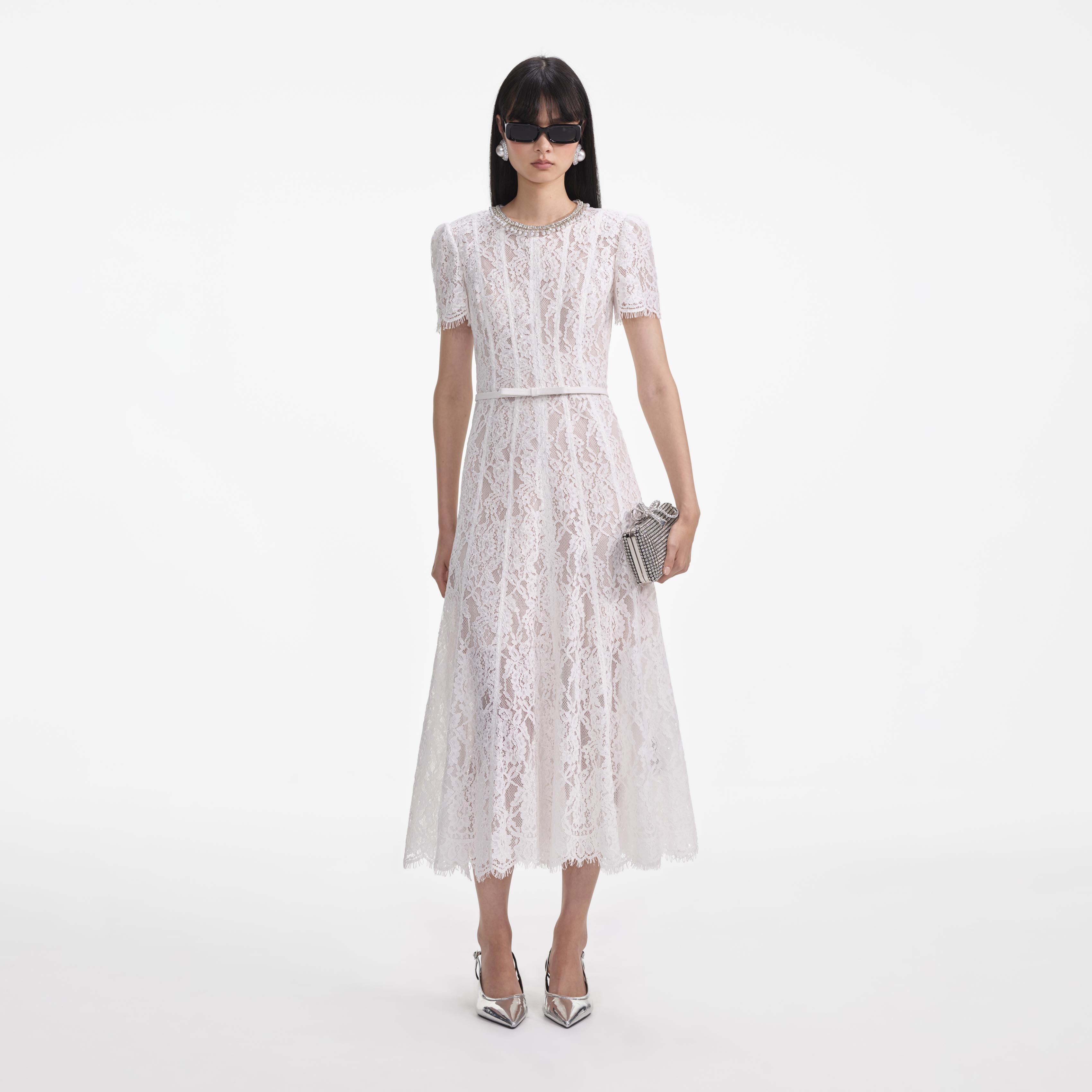 White Sequin Lace Midi Dress product image