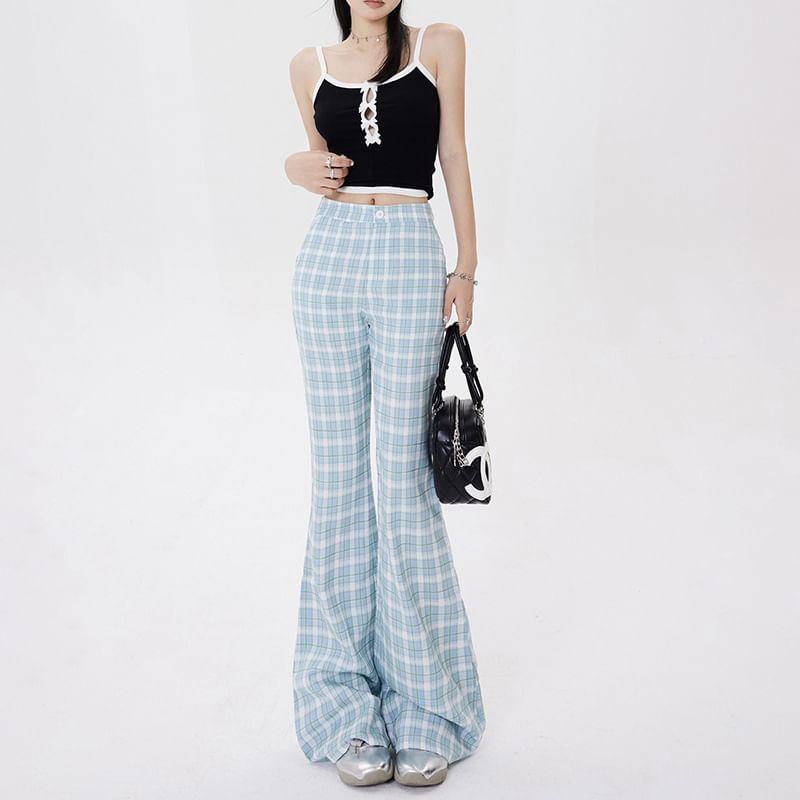 Mid Waist Plaid Flared Pants (Various Designs) Product Image