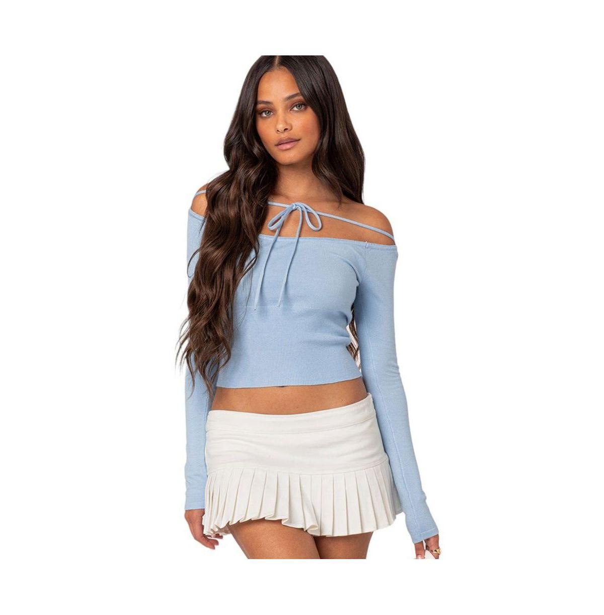 EDIKTED Jane Tie Front Off the Shoulder Long Sleeve Crop Top Product Image