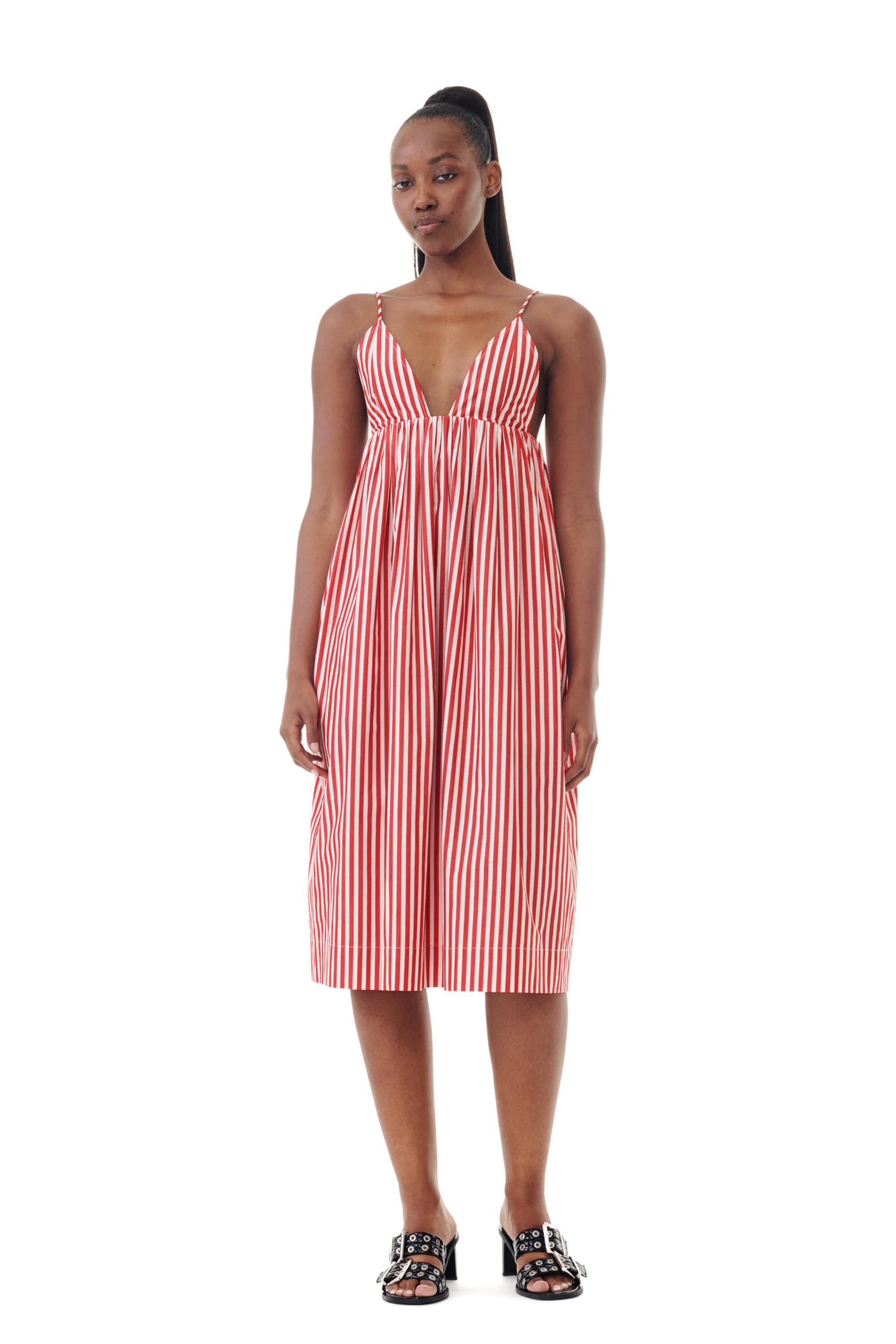 Red Stripe Cotton Strap Midi Dress Product Image