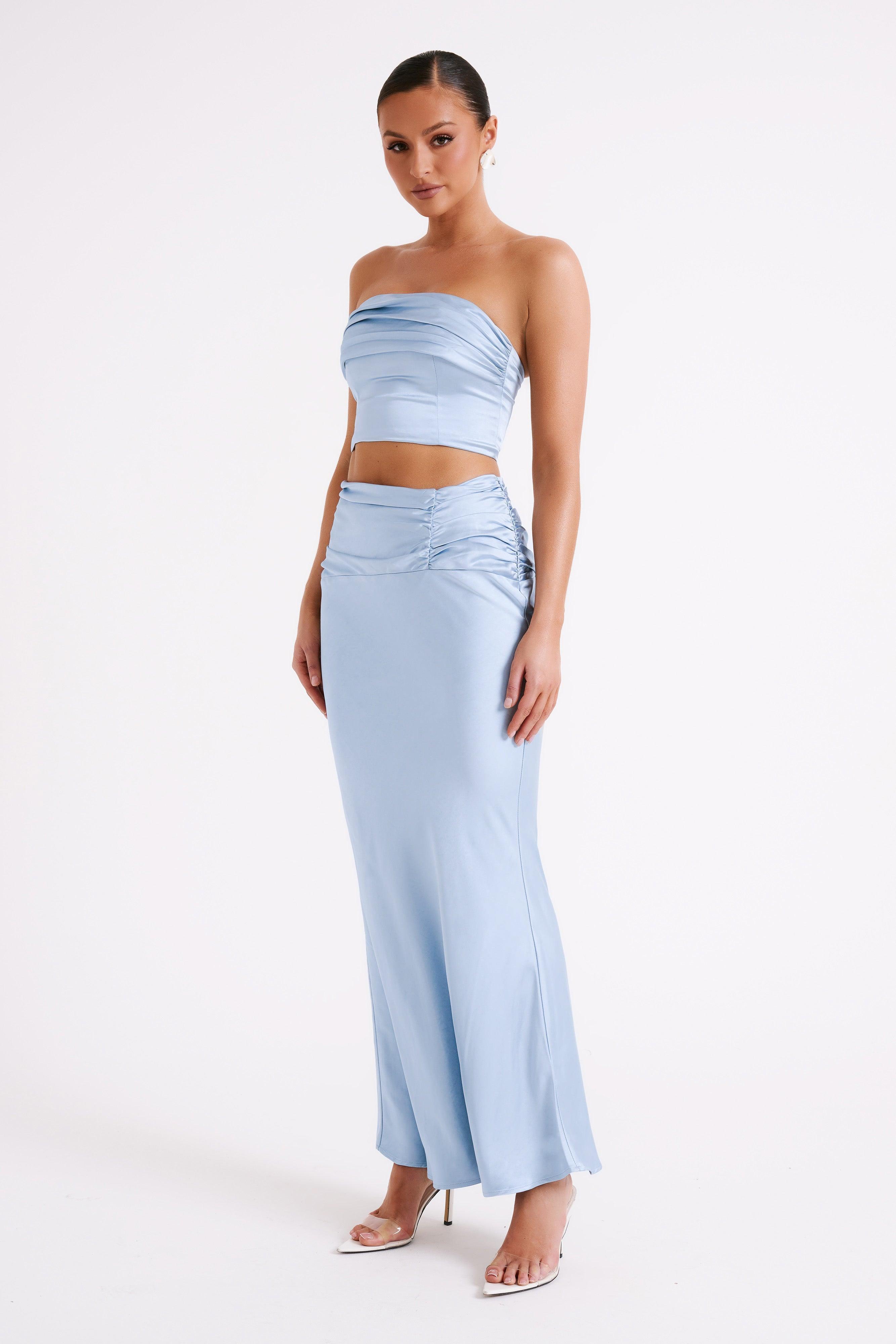 Khalani Ruched Satin Maxi Skirt - Ice Blue Product Image