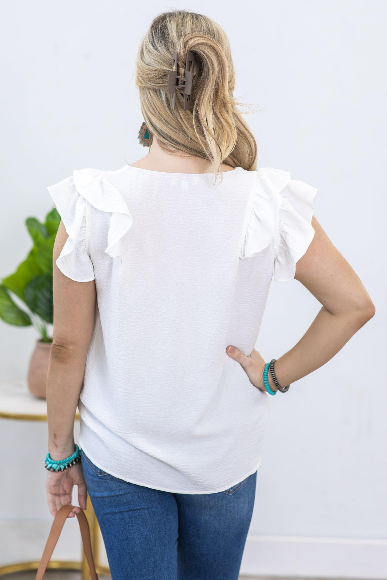 Off White V-Neck Airflow Ruffle Detail Top Product Image