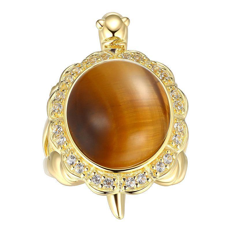 Dynasty Jade 18k Gold Over Sterling Silver Tigers Eye & Lab-Created White Sapphire Turtle Ring, Womens Gold Tone Product Image