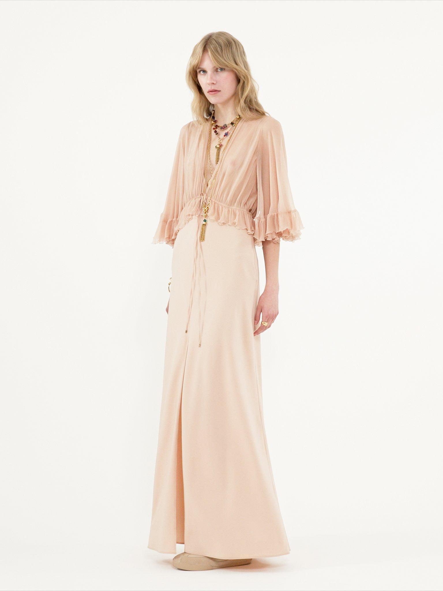 V-neck long dress in crêpe satin Product Image