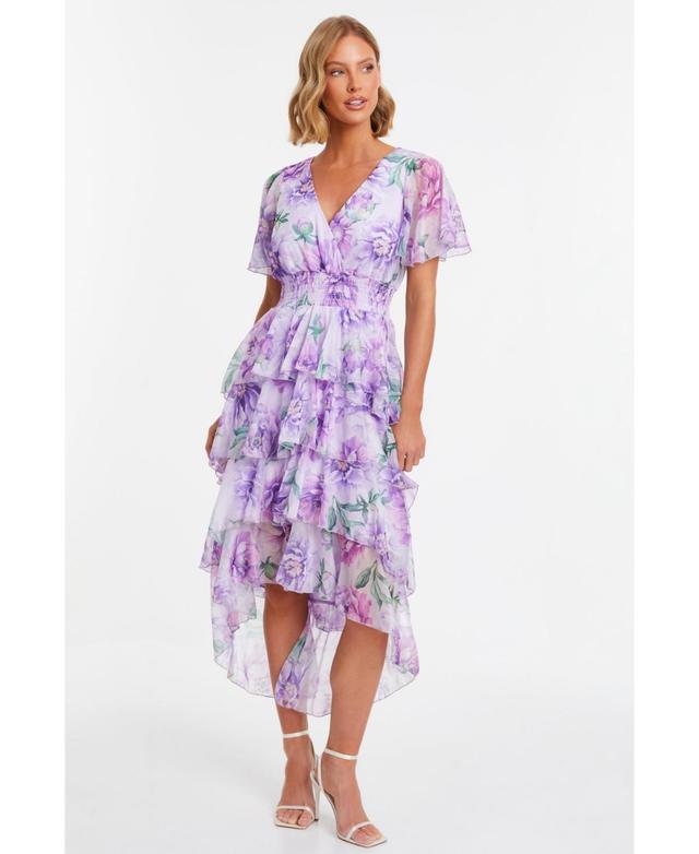 Women's Chiffon Floral Tiered Dip Hem Dress Product Image