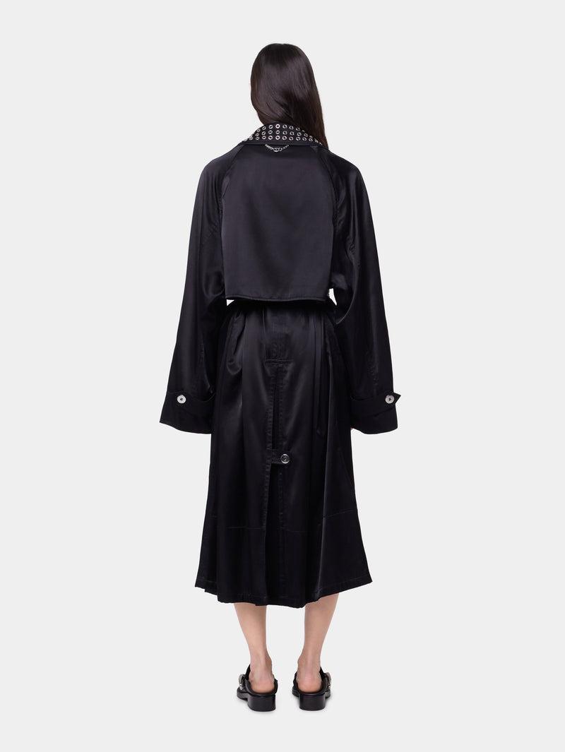 BLACK LONG TRENCH COAT IN SATIN Product Image