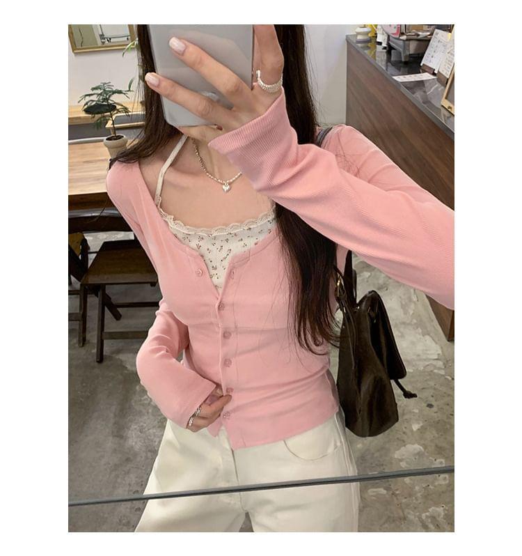 Long-Sleeve Plain Floral Panel Mock Two-Piece Lace Trim T-Shirt Product Image