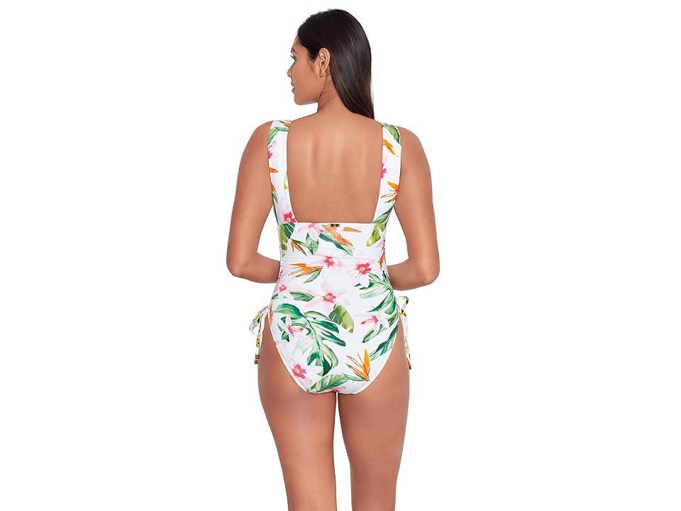 LAUREN Ralph Lauren Watercolor Tropical Floral Shirred Plunge One Piece (Multicolor) Women's Swimsuits One Piece Product Image