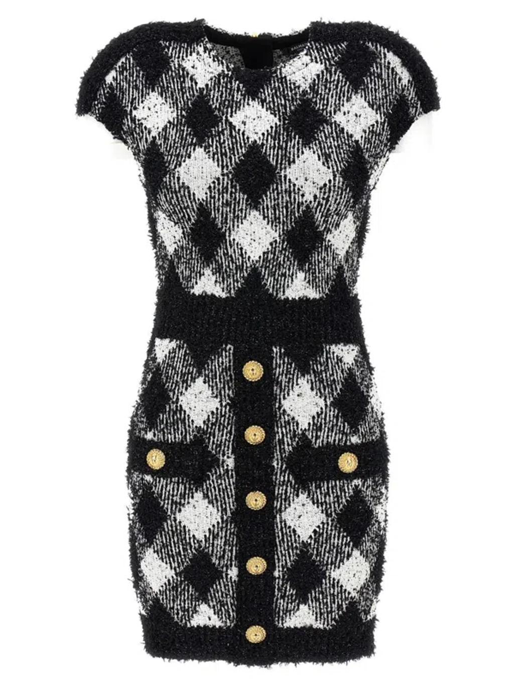 BALMAIN Vichy Tweed Dress In Blackwhite Product Image