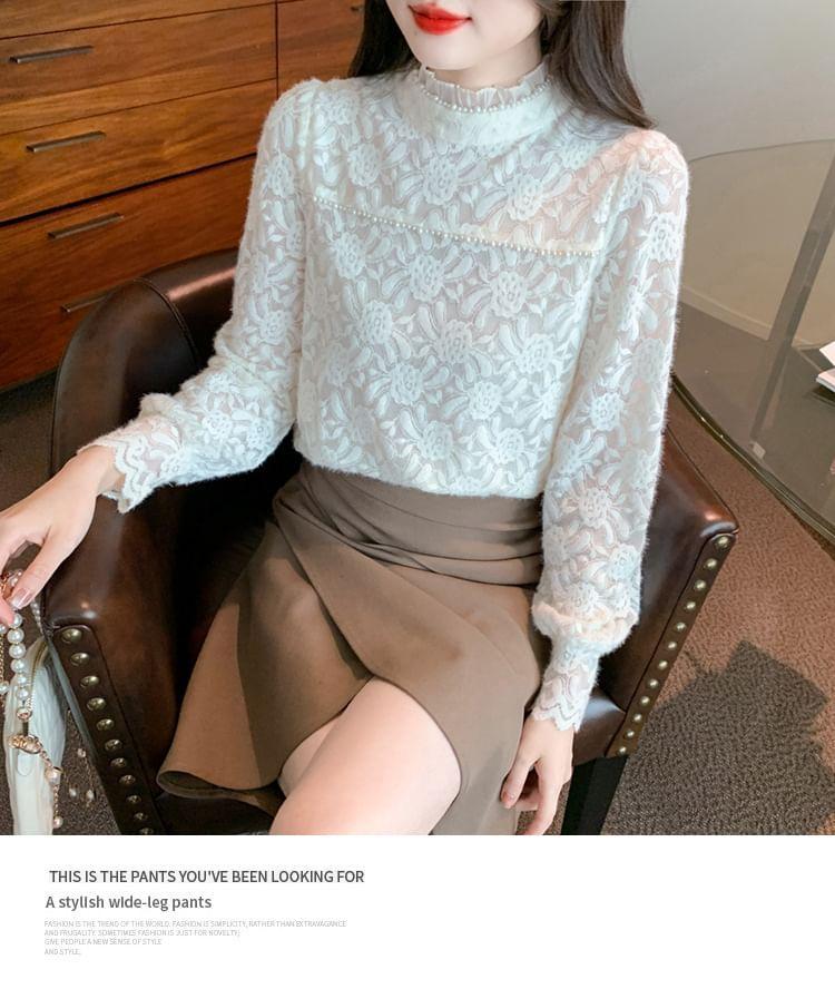 Long-Sleeve Mock Neck Floral Faux Pearl Blouse Product Image