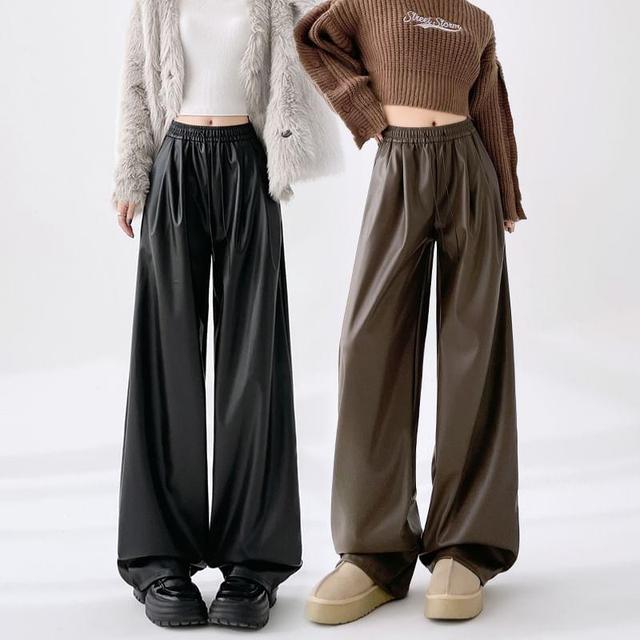 Elastic Waist Plain Faux Leather Wide Leg Pants Product Image