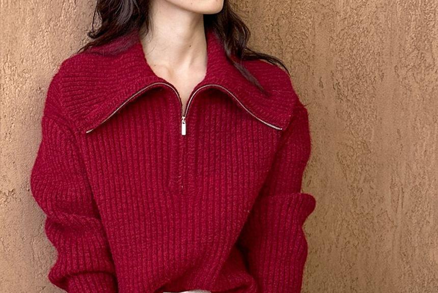 Plain Half Zip Ribbed Sweater Product Image