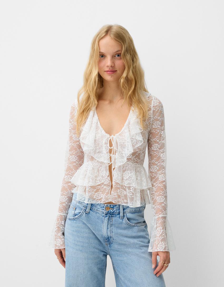 White lace blouse with ruffles Product Image