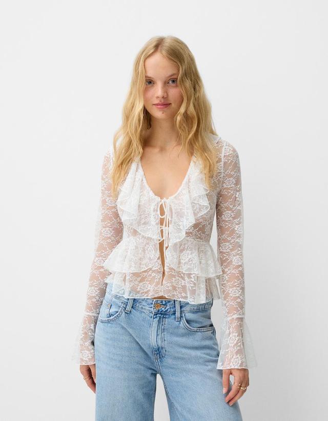 White lace blouse with ruffles Product Image