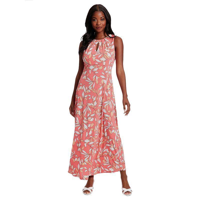 Womens London Times Falling Leaves Print Keyhole Neck Pleated Maxi Dress Product Image