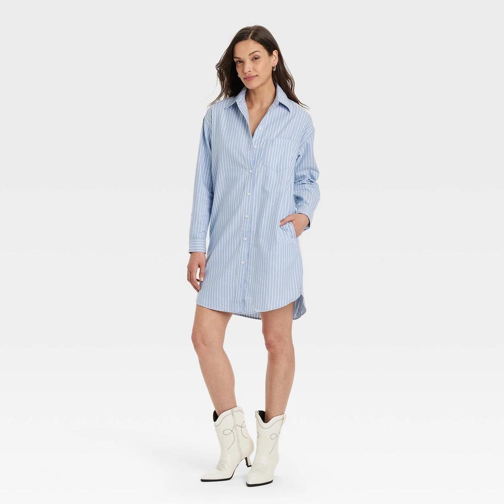 Women's Long Sleeve Mini Shirtdress - Universal Thread™ Blue Striped XS Product Image