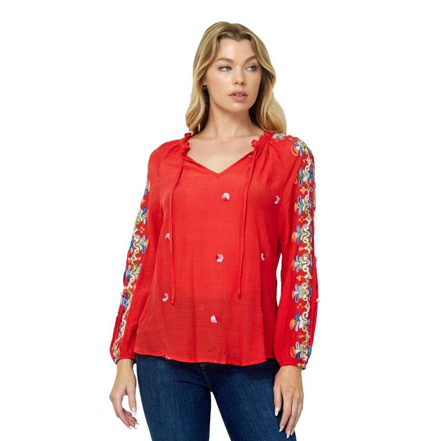 Embroidered Long Sleeve V-Neck Blouse Product Image