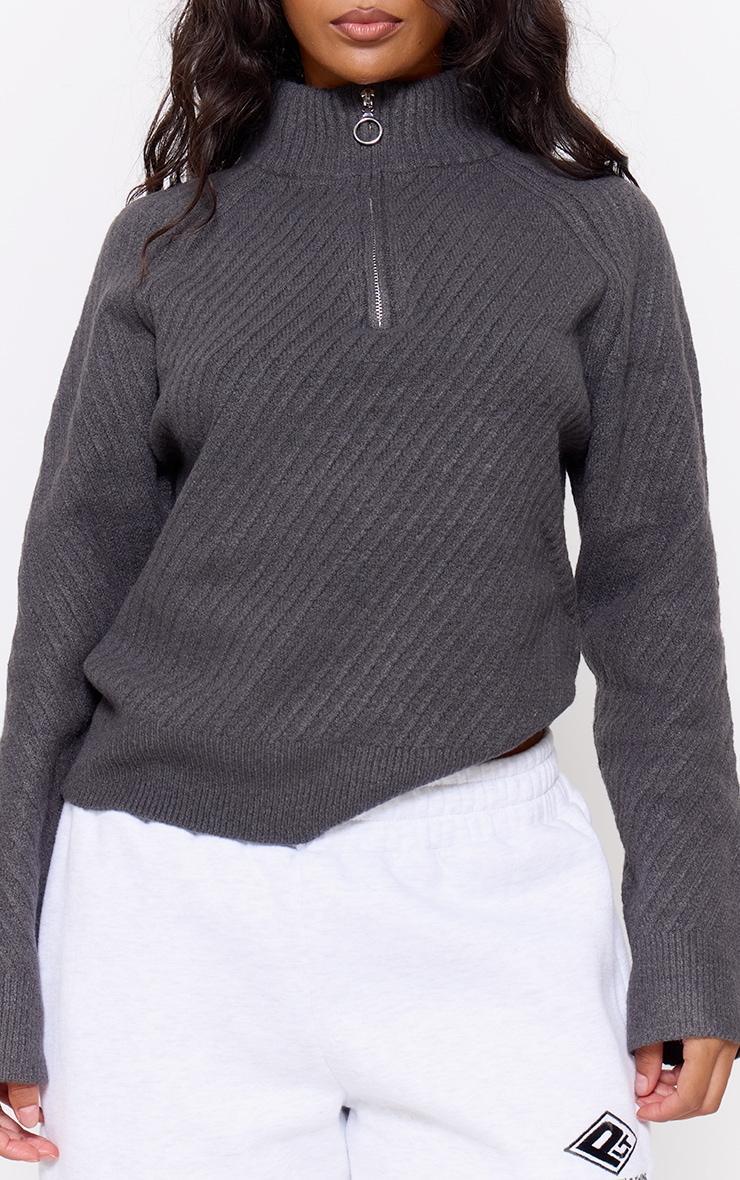 Charcoal Grey Ripple Knit Half Zip Sweater Product Image