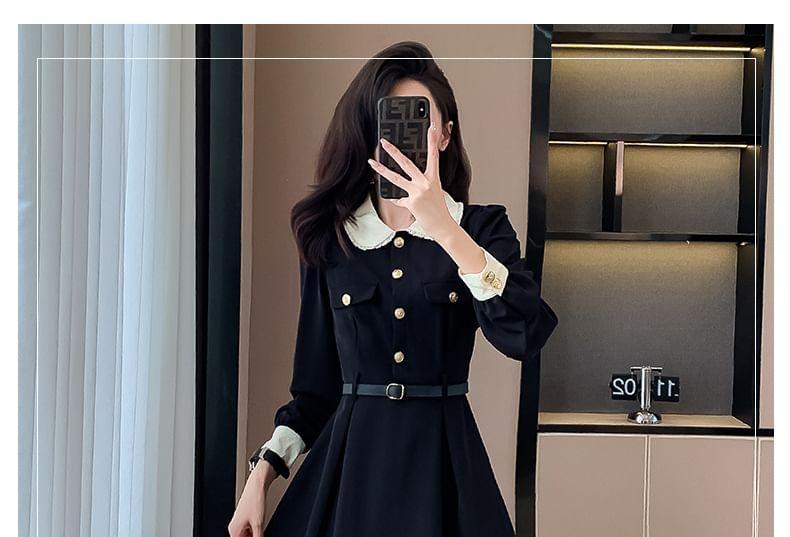 Long-Sleeve Contrast Collar Button-Up Midi A-Line Dress Product Image