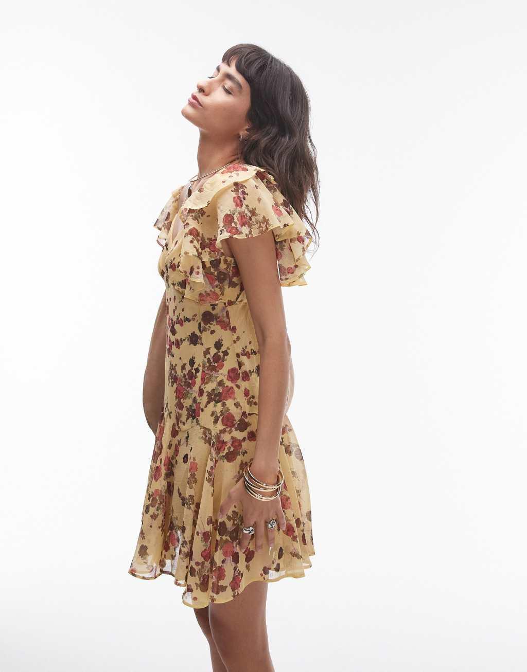 Topshop ruffle mini tea dress in yellow and pink ditsy floral print Product Image