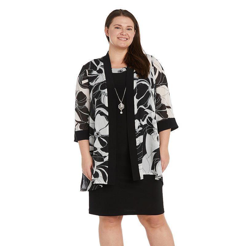 Plus Size R&M Richards 3-Piece Puff Print Mesh Jacket & Jersey Swing Dress with Detachable Necklace, Womens Product Image