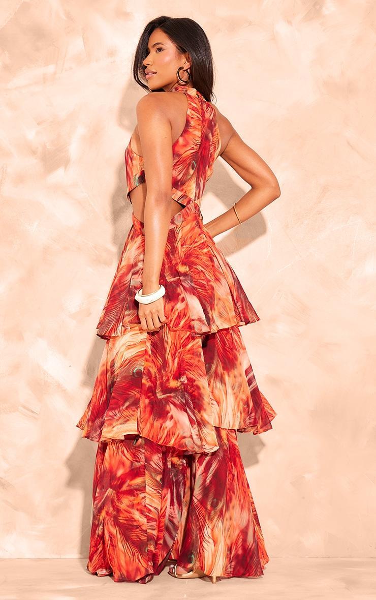 Red Blurred Print Chiffon Tiered Maxi Dress Product Image