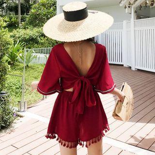 Elbow-Sleeve Bow Back Fringed Romper Product Image