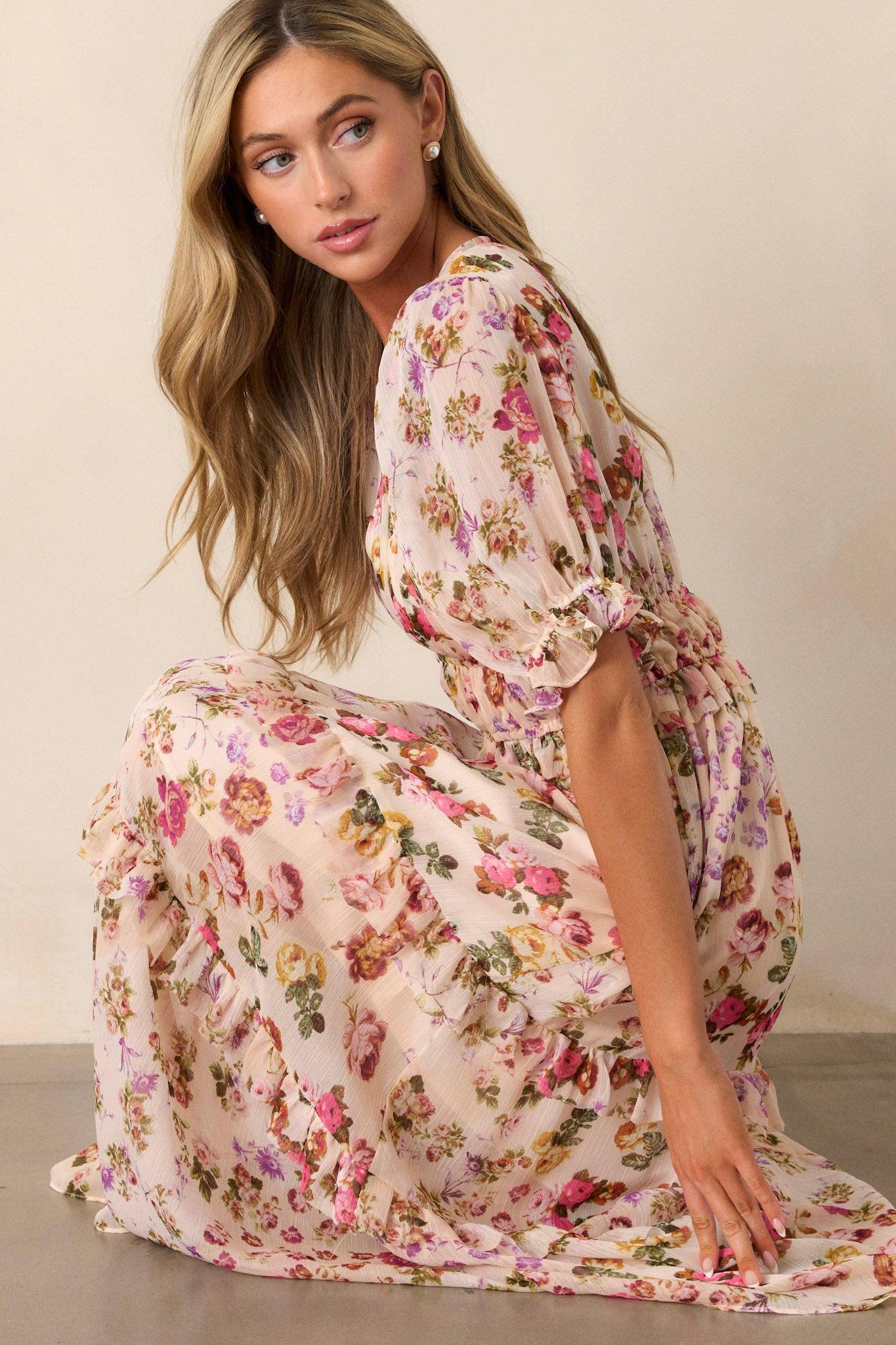 Midnight Train Beige Floral Midi Dress product image