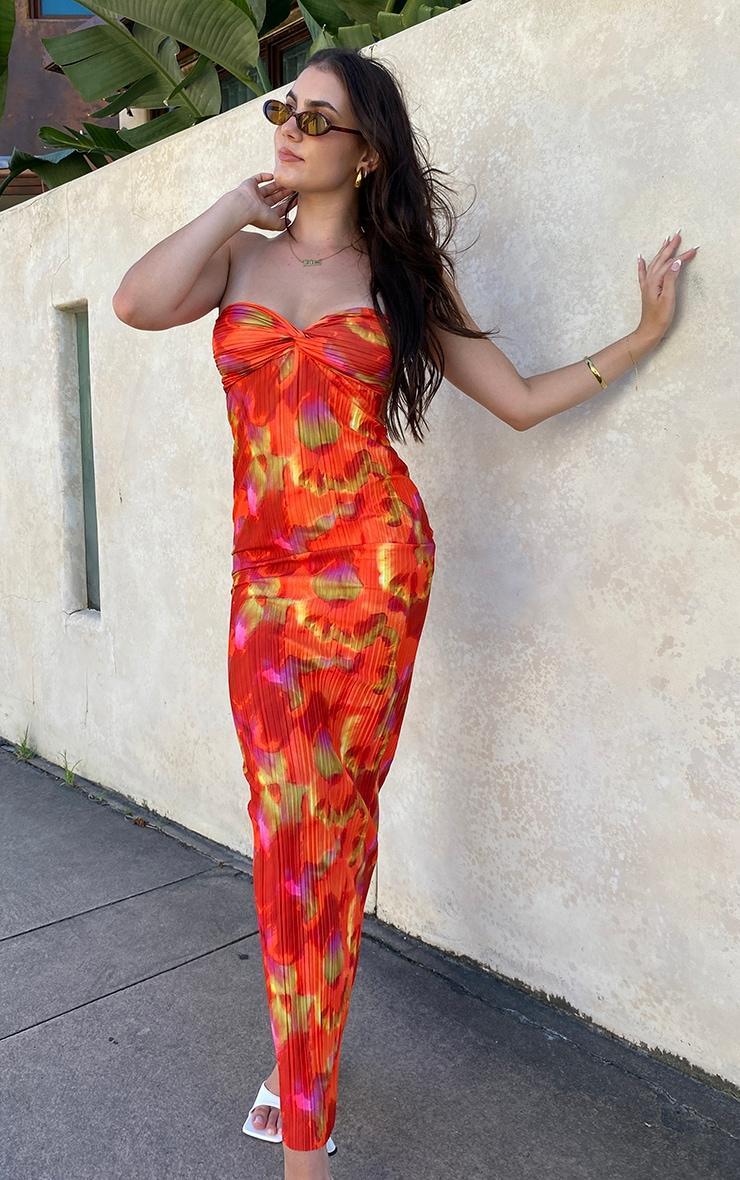 Orange Abstract Print Plisse Knot Bandeau Maxi Dress Product Image