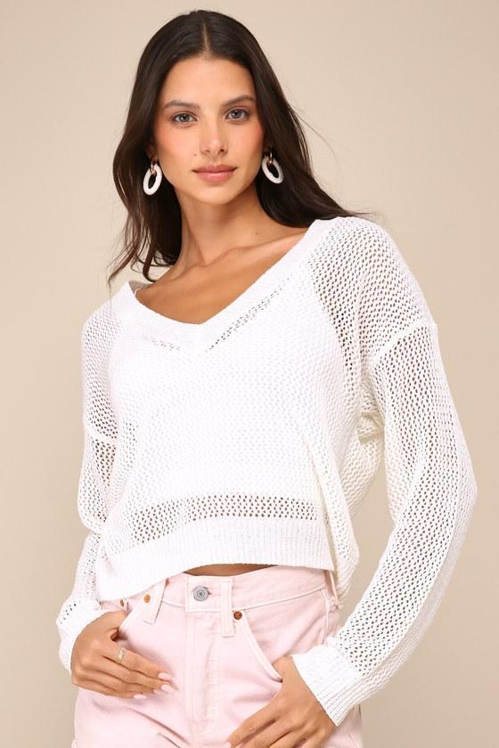 Idyllic Breeze White Loose Knit V-Neck Sweater Top Product Image