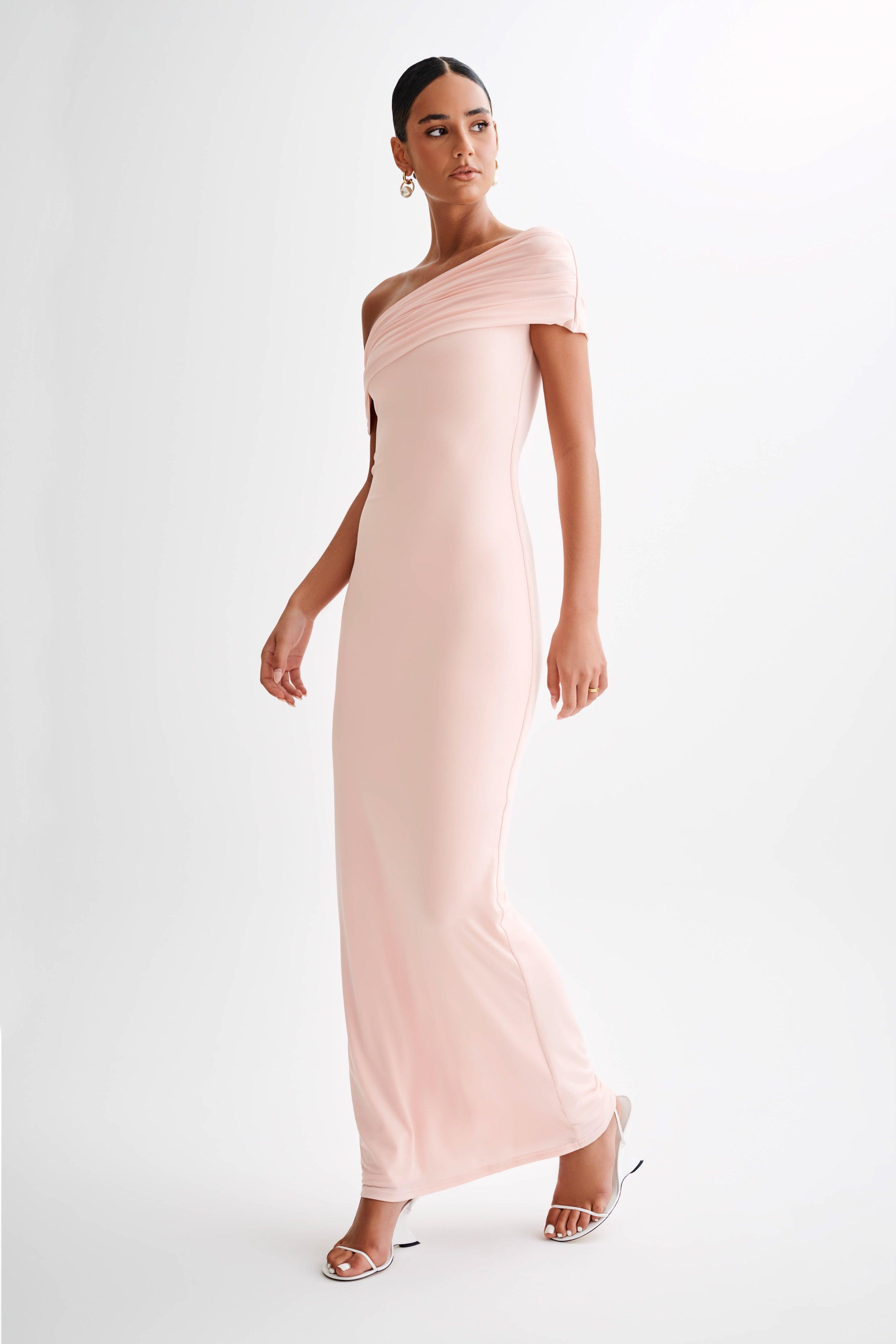 Cassandra Off Shoulder Slinky Maxi Dress - Pale Pink Product Image