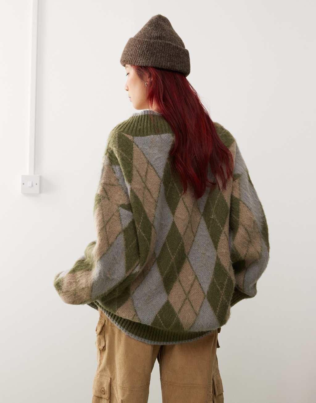 COLLUSION oversized v-neck argyle sweater in green Product Image