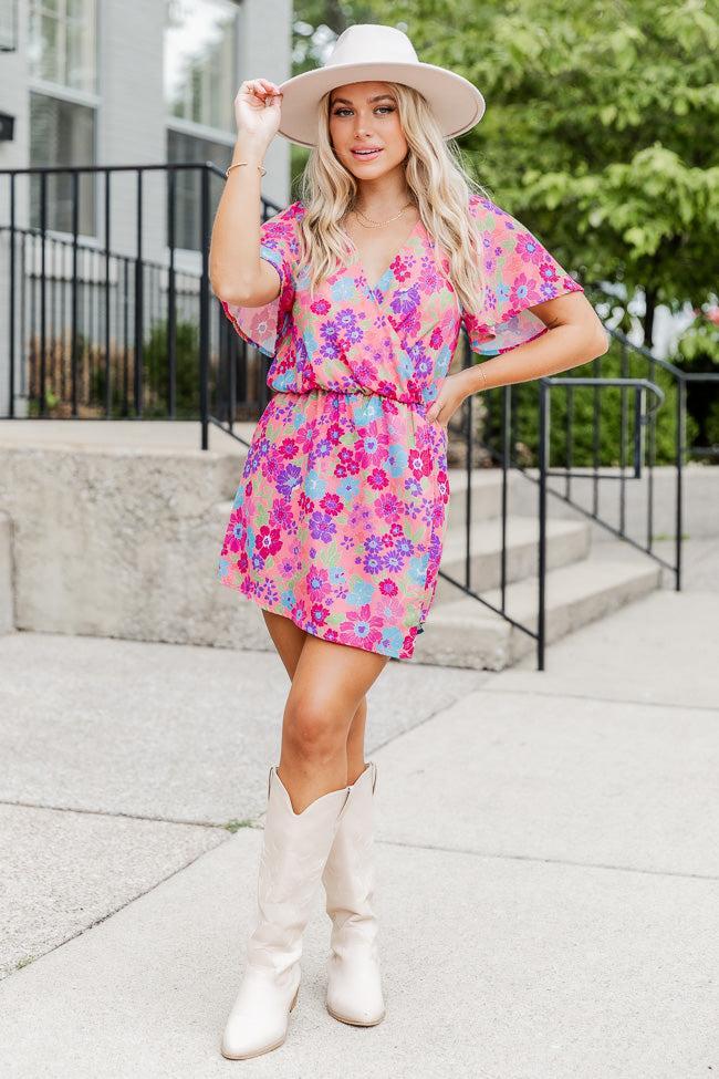 There's No Doubt Pink Multi Floral Wrap Romper FINAL SALE Product Image