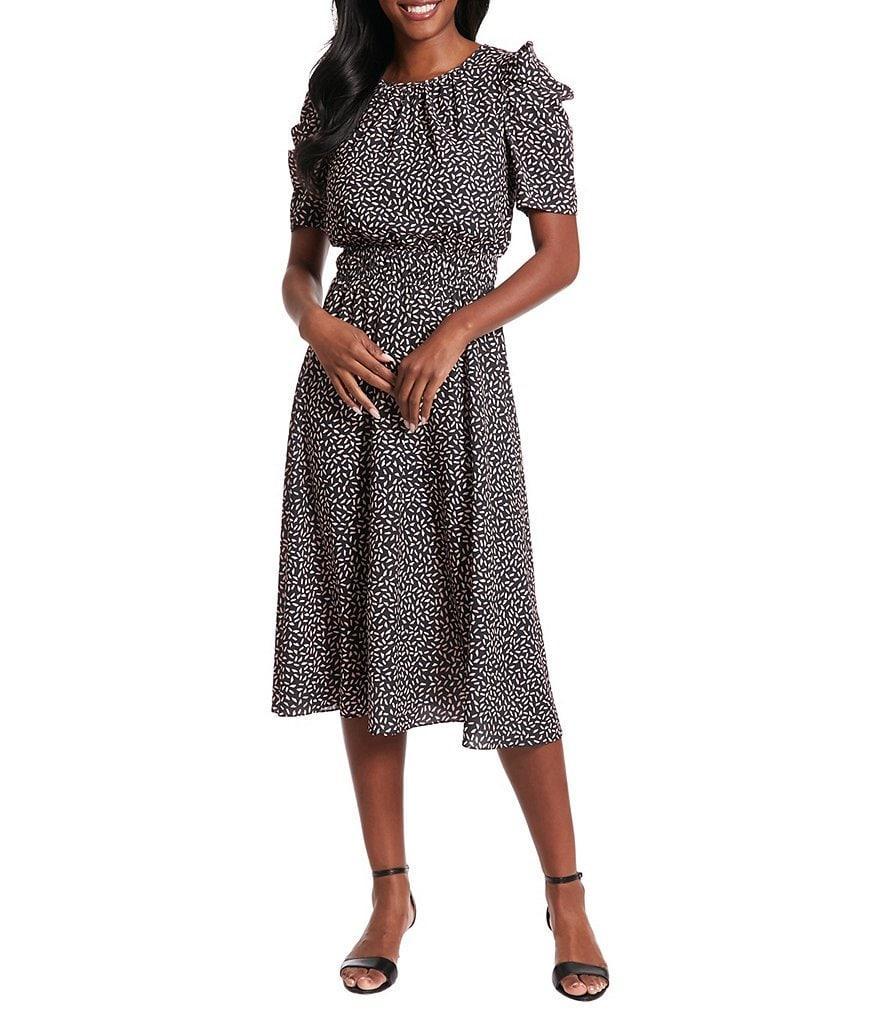 London Times Ruched Short Sleeve Crew Neck Smocked Waist Printed Midi Sheath Dress Product Image