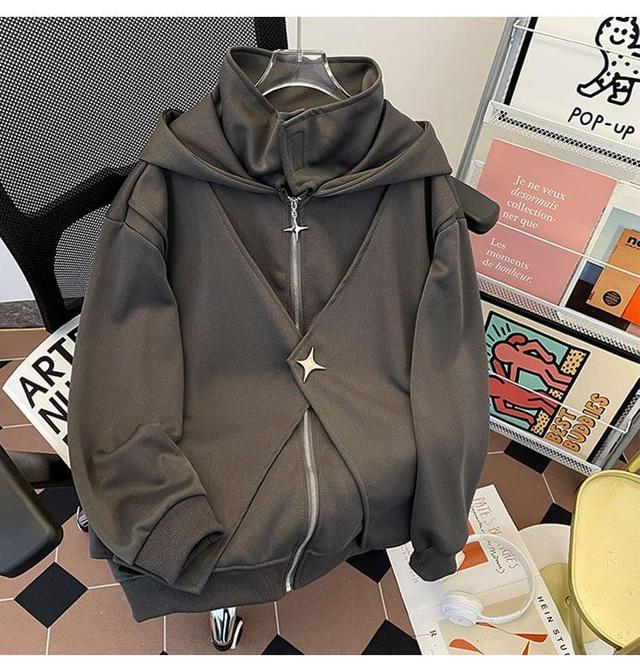 Plain Star Studded Hooded Mock Two-Piece Zip Jacket Product Image