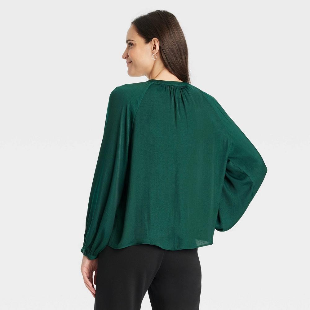 Women's Balloon Long Sleeve V-Neck Blouse - A New Day™ Green M Product Image