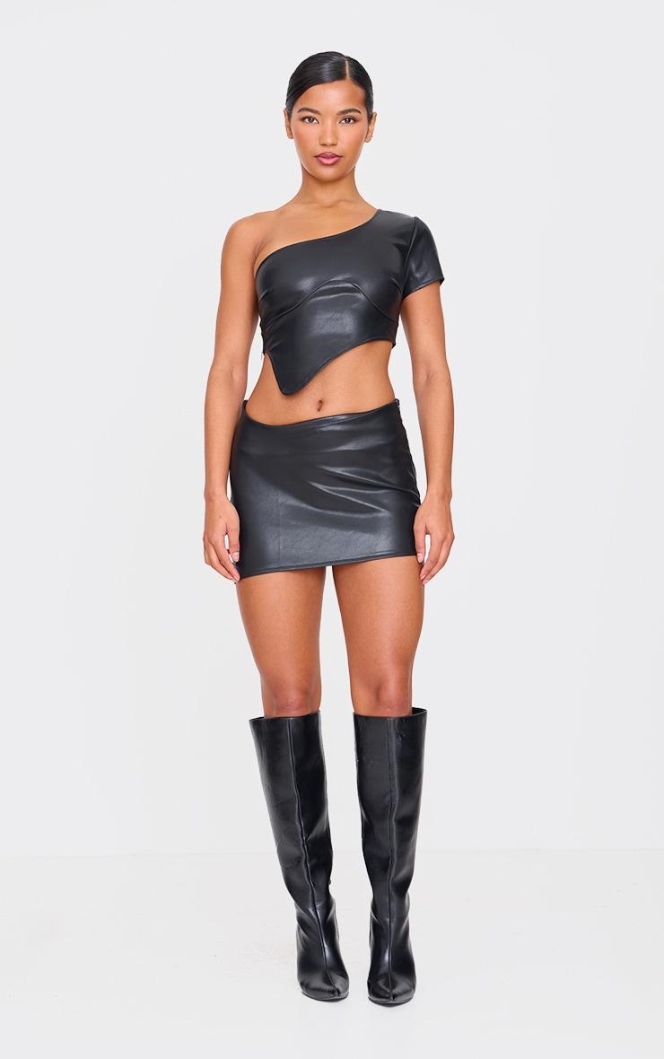 Black Faux Leather One Shoulder Asymmetric Crop Top Product Image